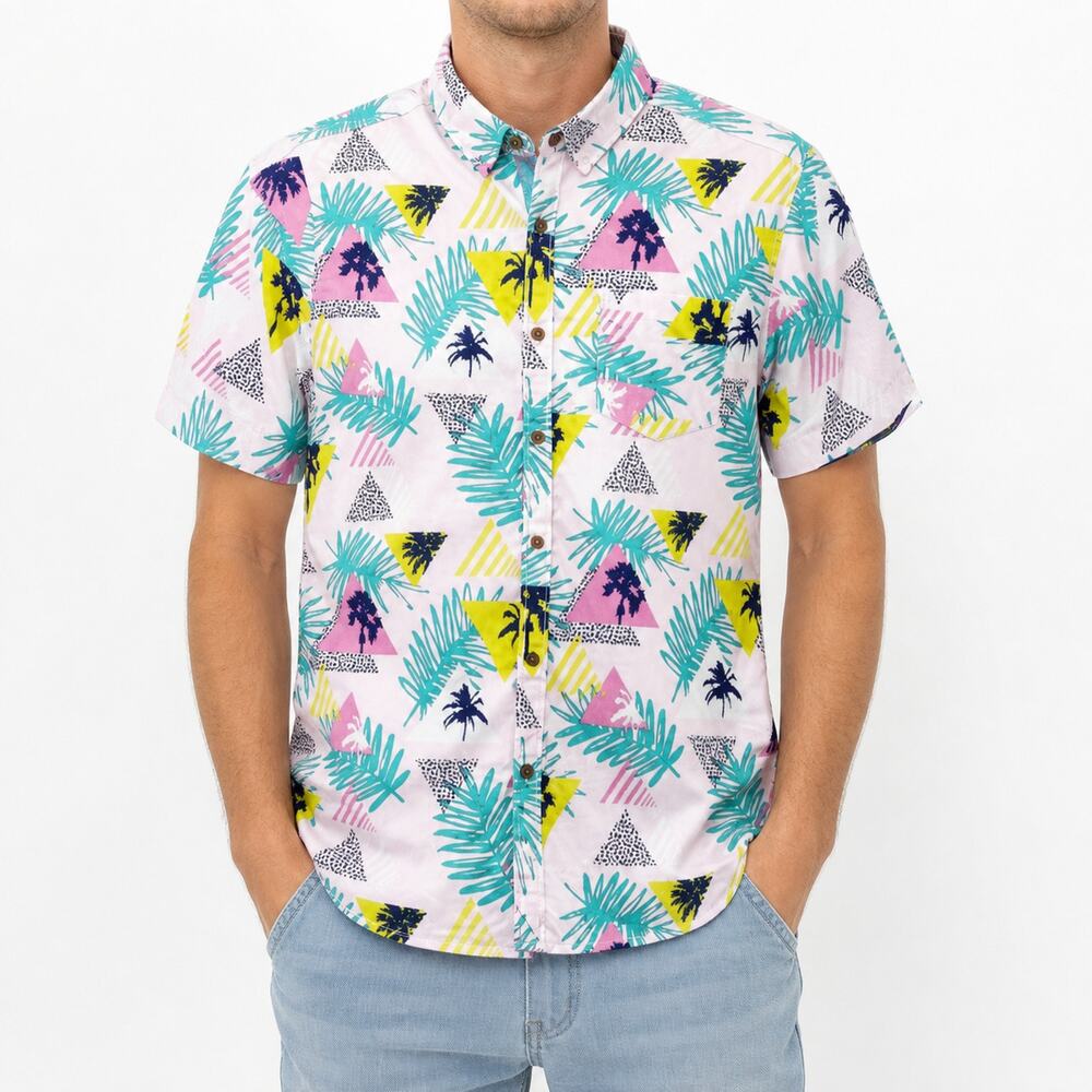 Free Planet Shirt Mens Large Pink White Tropical 100% Cotton Classic Button-Up